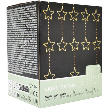LAMPKI CHOINKOWE KURTYNA ŚWIETLNA 120x120 CM 235LED CIEPŁY BIAŁY GWIAZDKI