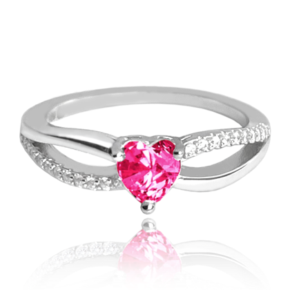 MINET Pierścień srebrny LOVE z sercem z różowej cyrkonii wielkość 16