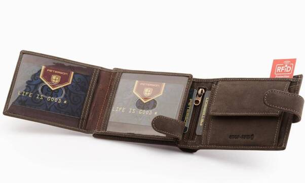 Skórzany portfel z zapinką i ochroną kart RFID