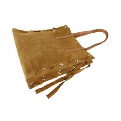 Zamszowa torba Shopper bag ,duży worek, kółka,  Vera Pelle pojemny Camel  WK745C