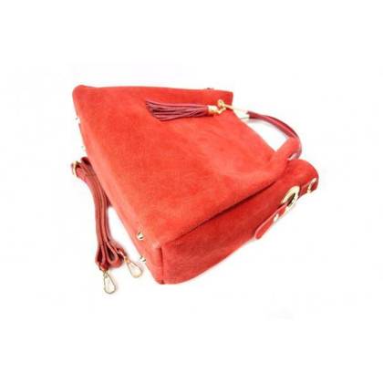 Zamszowy włoski kuferek Shopperka A4 ,złote okucia + frędzelek ,Czerwony Vera Pelle   KLV55R