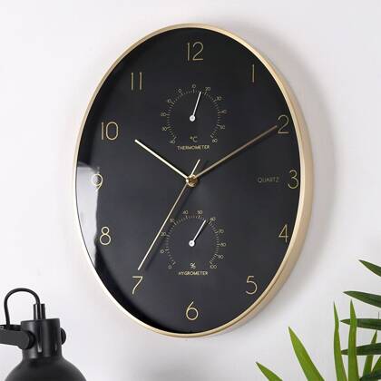 Zegar ścienny czarny złoty z termometrem higrometrem 27x34,5 cm