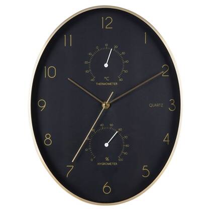 Zegar ścienny czarny złoty z termometrem higrometrem 27x34,5 cm